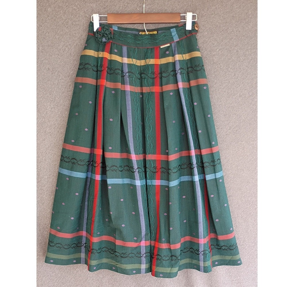 Vintage Geiger Green Plaid Boiled Wool Midi Skirt Rosette Embroidered Size 36 S - Picture 7 of 9
